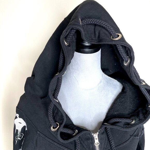 RARE Lauren Moshi Drama Face Hoodie Size XS Black Fringe Cotton Goth Distressed - Picture 5 of 16